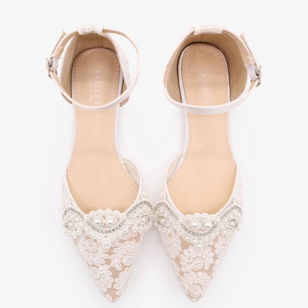 KAILEE P | Ivory Crochet Lace Pointy Toe Flats with Small Pearls Applique